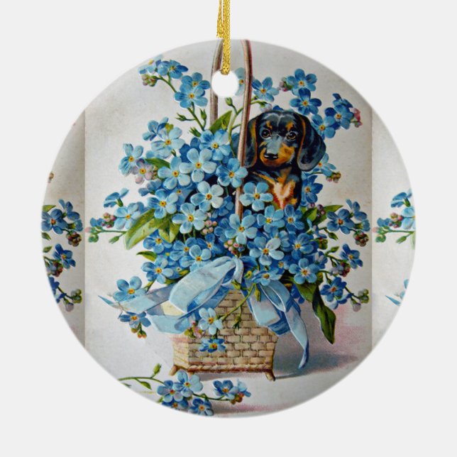Dachshund and Forget-Me-Nots Ceramic Tree Decoration (Back)
