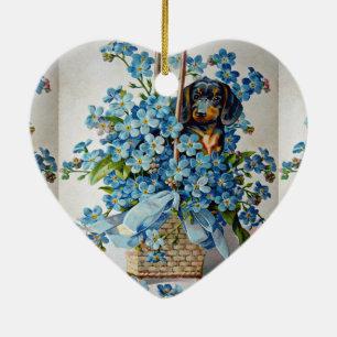Dachshund and Forget-Me-Nots Ceramic Tree Decoration