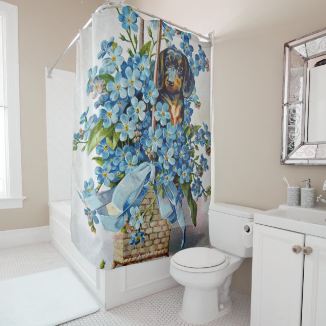 Dachshund and Forget-Me-Nots Shower Curtain (In Situ)