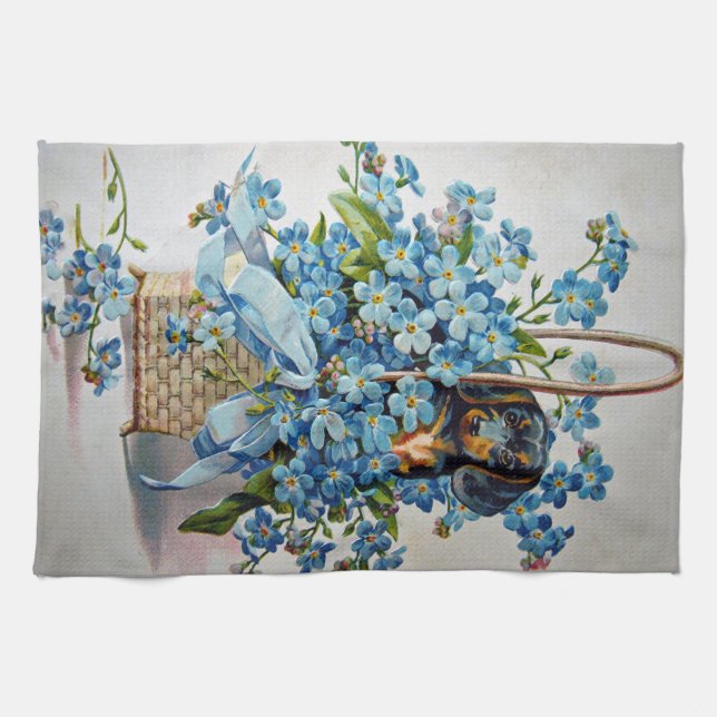 Dachshund and Forget-Me-Nots Tea Towel (Horizontal)
