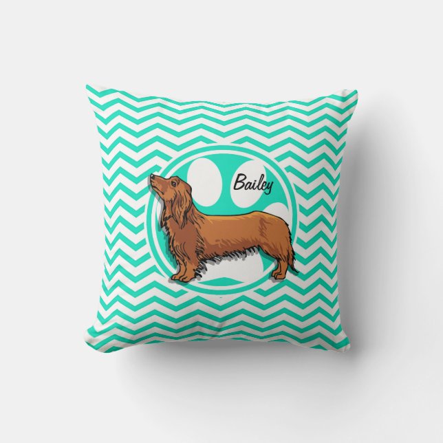 Dachshund; Aqua Green Chevron Cushion (Front)