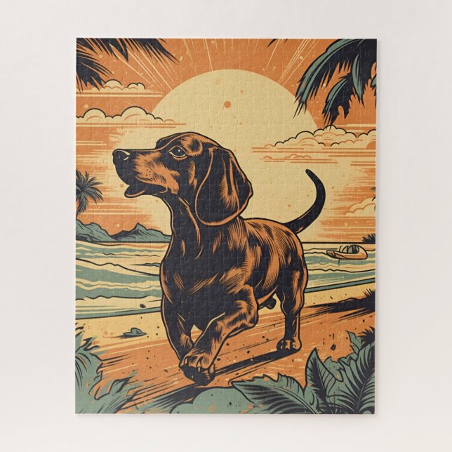 Dachshund at a tropical beach during sunset jigsaw puzzle (Vertical)