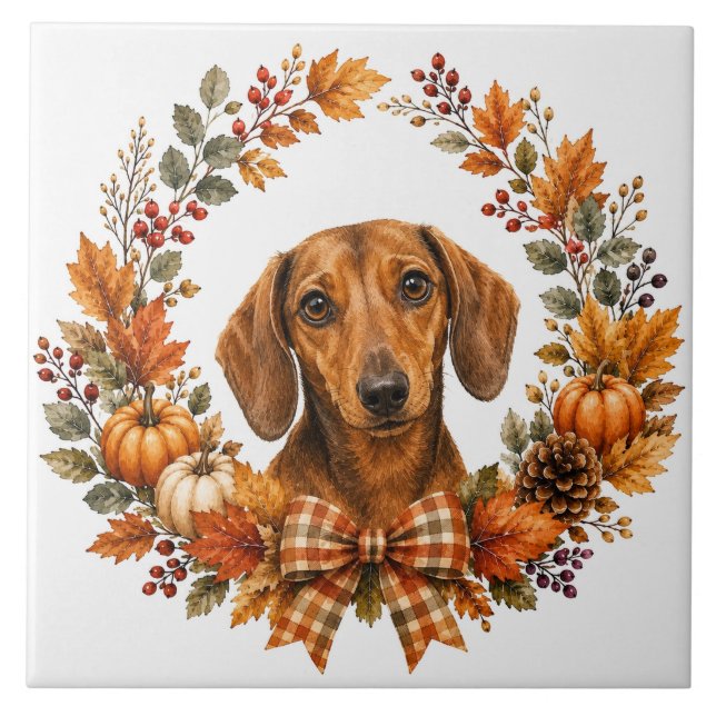 Dachshund Autumn Wreath Tile (Front)