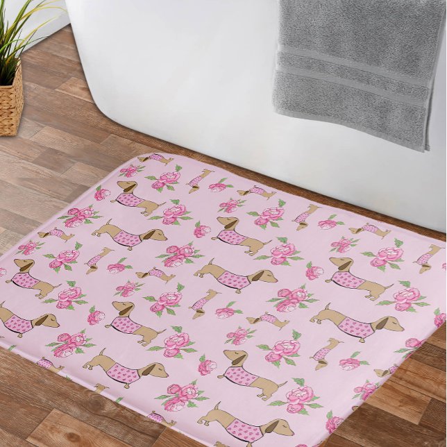Dachshund Bath Mat Doxie + Peonies Floral Rug (Pink floral dachshund bathroom accessories - peonies and wiener dogs)