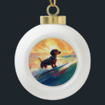 Dachshund Beach Surfing Painting Ceramic Ball Christmas Ornament<br><div class="desc">Immerse yourself in the playful world of canine adventure with this captivating painting. A spirited dog takes to the waves, skilfully riding the surf on a sun-kissed beach. The vibrant artwork beautifully captures the essence of beachside excitement as the dog fearlessly rides the waves, embodying the spirit of fun and...</div>