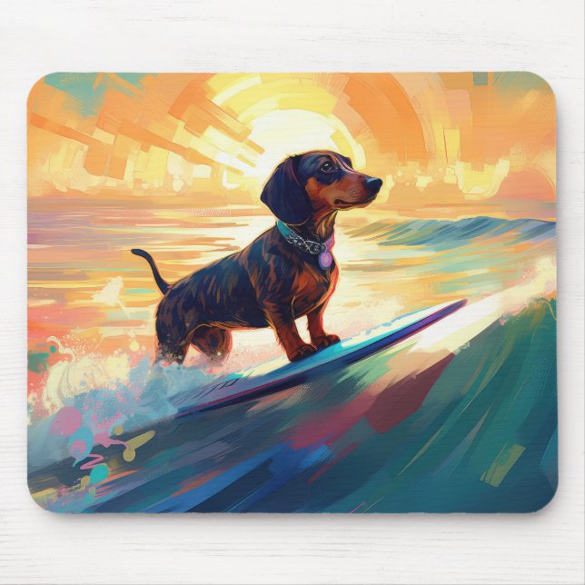 Dachshund Beach Surfing Painting Mouse Pad (Front)
