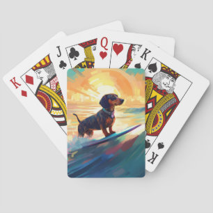 Dachshund Beach Surfing Painting Playing Cards