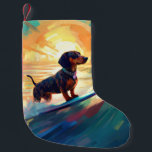 Dachshund Beach Surfing Painting Small Christmas Stocking<br><div class="desc">Immerse yourself in the playful world of canine adventure with this captivating painting. A spirited dog takes to the waves, skilfully riding the surf on a sun-kissed beach. The vibrant artwork beautifully captures the essence of beachside excitement as the dog fearlessly rides the waves, embodying the spirit of fun and...</div>