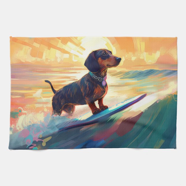 Dachshund Beach Surfing Painting Tea Towel (Horizontal)