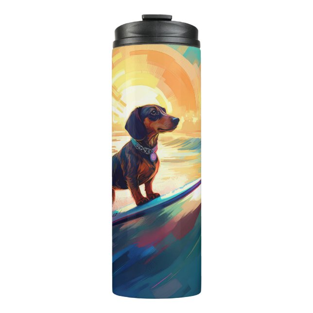 Dachshund Beach Surfing Painting Thermal Tumbler (Front)
