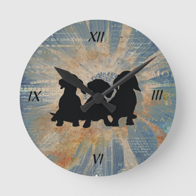 Dachshund Blue Gold German Print Wall Clock (Front)