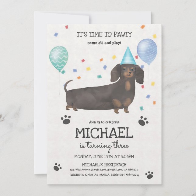Dachshund Blue Lets Pawty Birthday Invitation (Front)