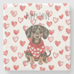 Dachshund Brown Dog Red White Hearts Sweater Stone Coaster