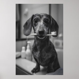 Dachshund Brushing Teeth Print, Funny Bathroom Dog Poster