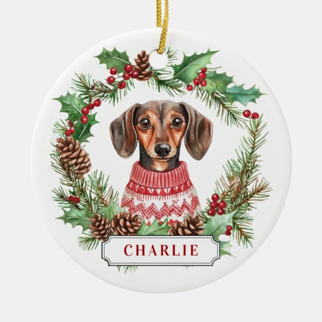 Dachshund Ceramic Circle Ornament (Front)