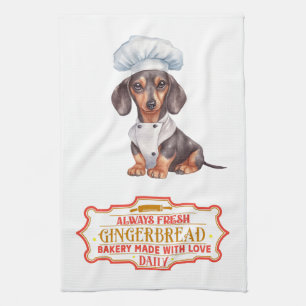 Dachshund Chef Baking Gingerbread Tea Towel