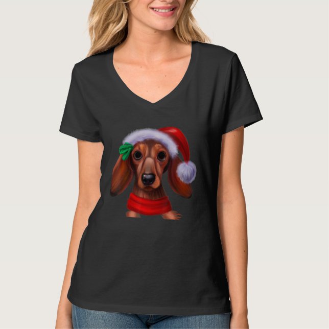 Dachshund Chiweenie Wiener Dog Santa Claus Hat Chr T-Shirt (Front)