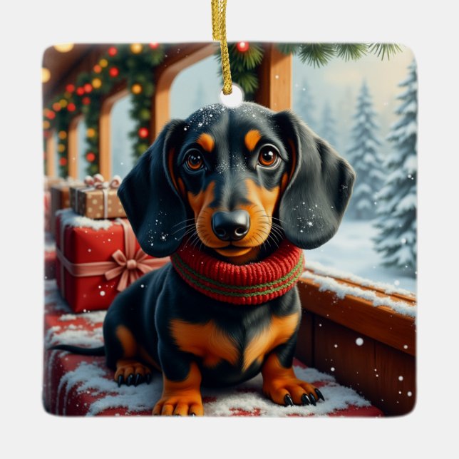 Dachshund Christmas Art Ceramic Ornament (Front)