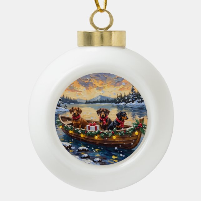 Dachshund Christmas Boat Holiday Ceramic Ball Christmas Ornament (Front)