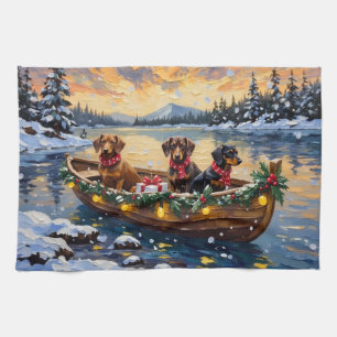 Dachshund Christmas Boat Holiday Tea Towel