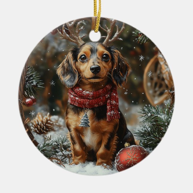 Dachshund Christmas Ceramic Tree Decoration (Front)