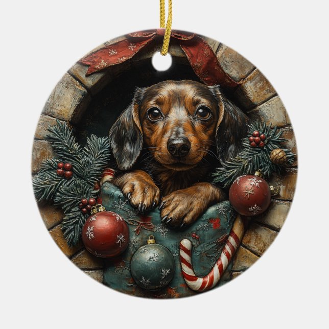Dachshund Christmas Ceramic Tree Decoration (Front)