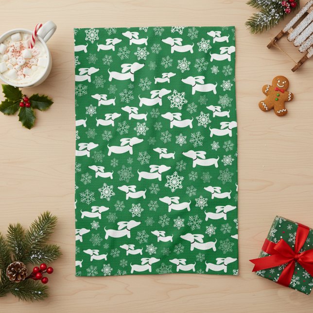 Dachshund Christmas Chef Gift Green  Tea Towel (Dachshund Christmas dish towel - green)