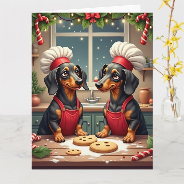 Dachshund Christmas Cookie Bakers Holiday Painting Card (Yellow Flower)