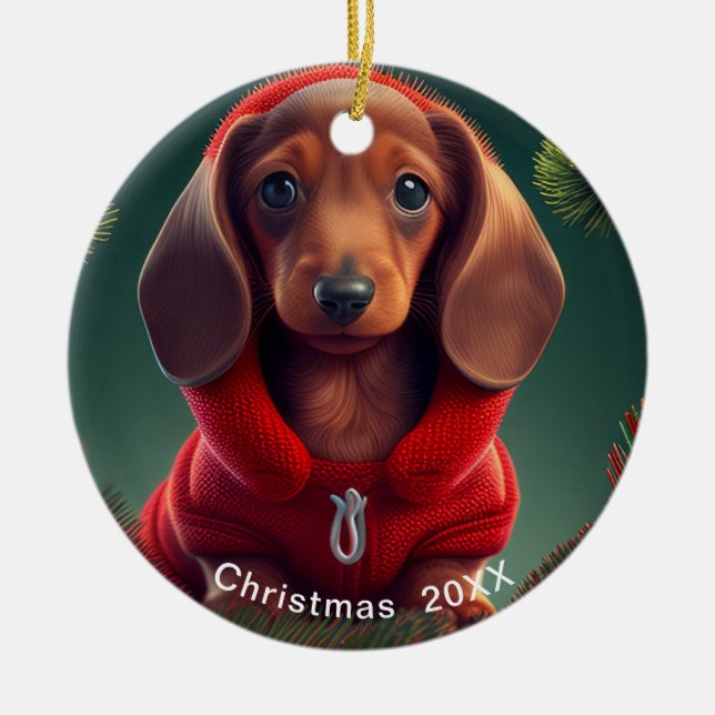 Dachshund  Christmas Date or Add Pet Photo  Ceramic Tree Decoration (Front)