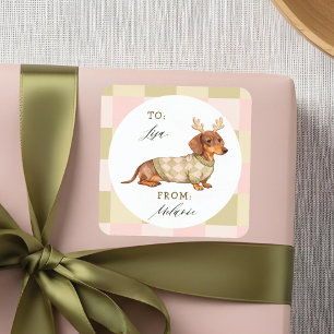 Dachshund Christmas Dog Chequered Knitted Sweater Square Sticker