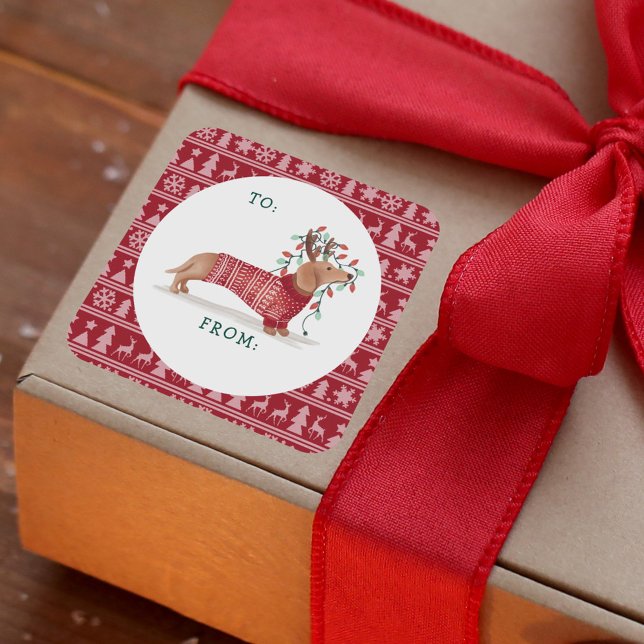 Dachshund Christmas Dog Cosy Red Knitted Sweater Square Sticker (Dachshund Christmas Dog Cozy Red Knitted Sweater Square Sticker)