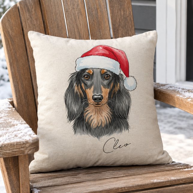 Dachshund Christmas Illustration Pet Name Cushion (Dachshund Christmas Illustration Pet Name Throw Pillow)