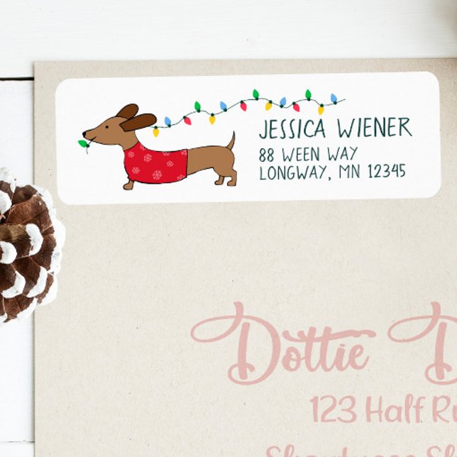 Dachshund Christmas Lights Festive Address Labels (Naughty Dachshund Christmas card return address labels - running with Christmas tree lights!)