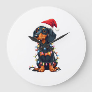Dachshund Christmas Lights Santa Hat Xmas Dog Love Large Clock
