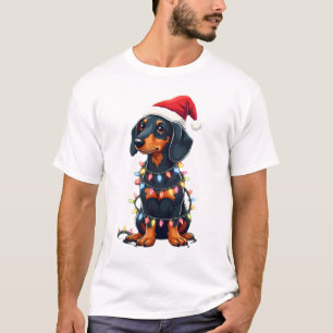 Dachshund Christmas Lights Santa Hat Xmas Dog Love T-Shirt