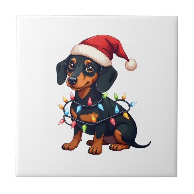 Dachshund Christmas Lights Santa Hat Xmas Dog Love Tile (Front)