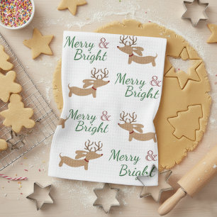 Dachshund Christmas Merry & Bright Dish Towel
