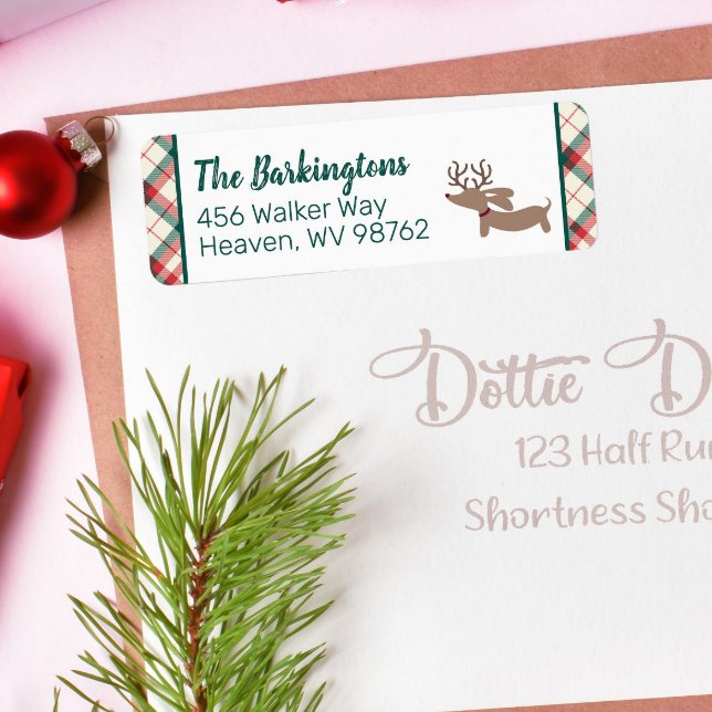Dachshund Christmas Preppy Plaid Doxie  (Personalized dachshund Christmas plaid return address labels for doxie-themed holiday cards)