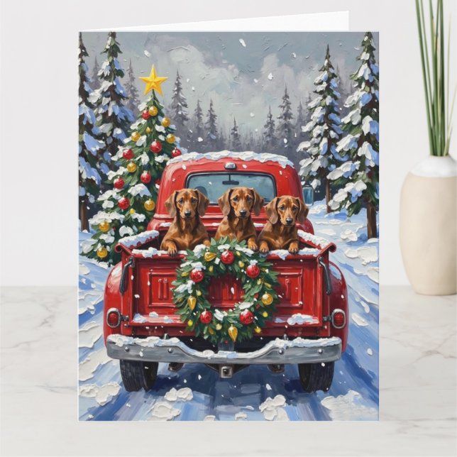 Dachshund Christmas Red Truck Holiday Card (Front)
