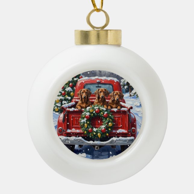 Dachshund Christmas Red Truck Holiday Ceramic Ball Christmas Ornament (Front)