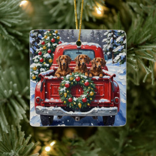 Dachshund Christmas Red Truck Holiday Ceramic Ornament