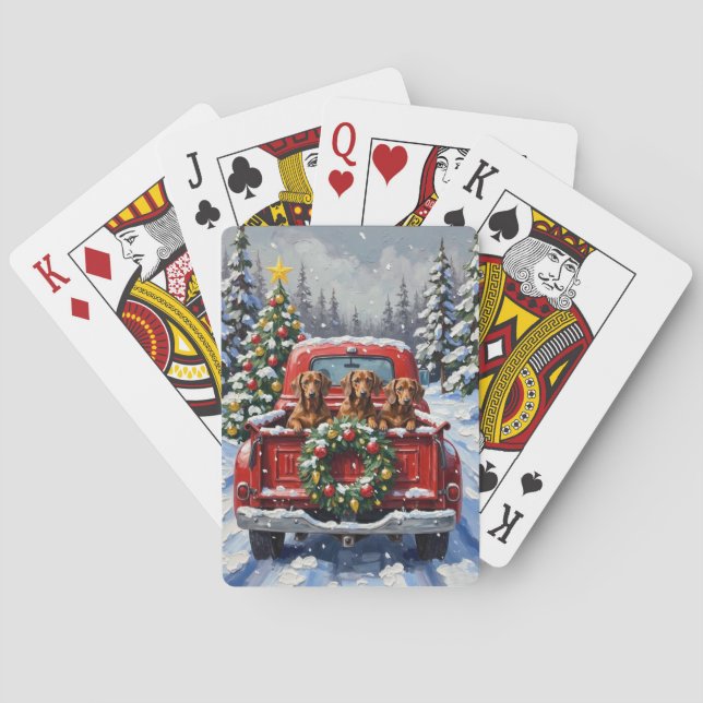 Dachshund Christmas Red Truck Holiday Playing Cards (Back)