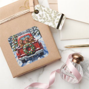 Dachshund Christmas Red Truck Holiday Square Sticker