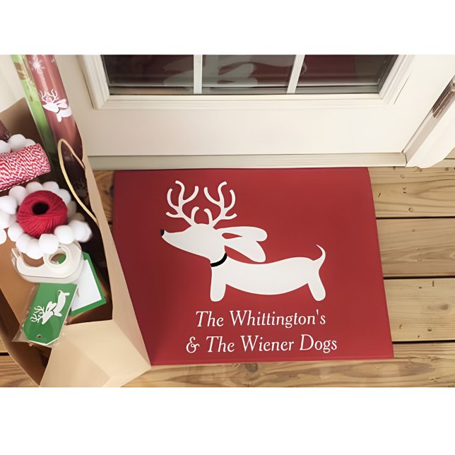 Dachshund Christmas Reindeer Wiendeer Personalise Doormat (Personalized dachshund door mat featuring your name and a weendeer dachshund)