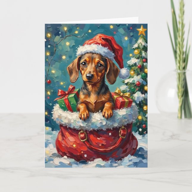 Dachshund Christmas Santa Bag Adventure Card (Front)