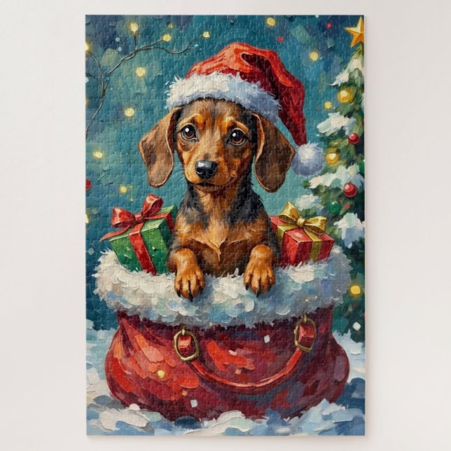 Dachshund Christmas Santa Bag Adventure Jigsaw Puzzle (Vertical)