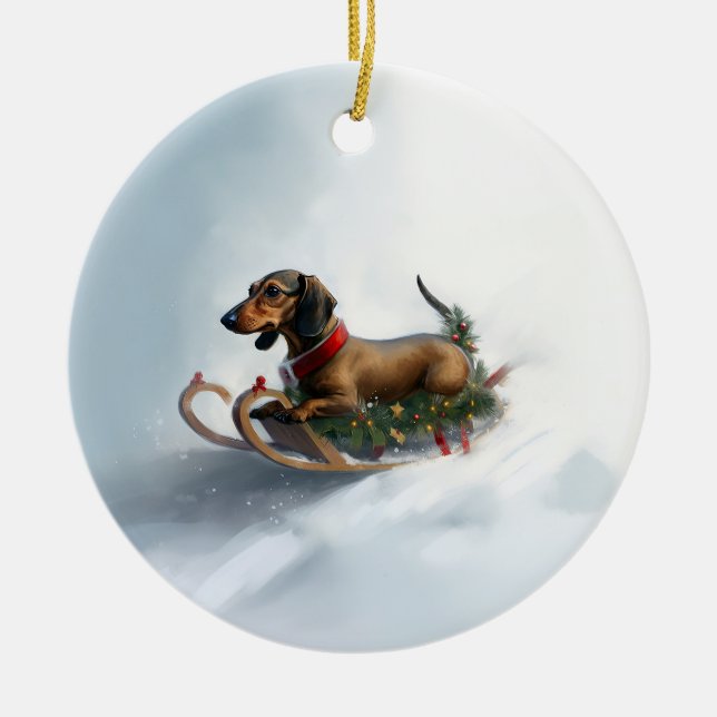 Dachshund Christmas snow winter Ceramic Tree Decoration (Front)