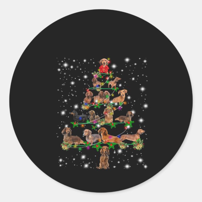 Dachshund Christmas Tree Covered By Flashlight Classic Round Sticker (Front)