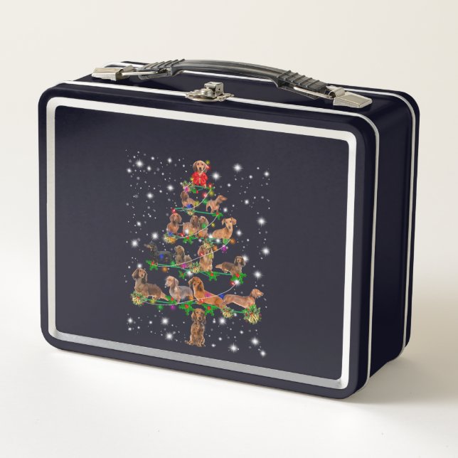 Dachshund Christmas Tree Covered By Flashlight Metal Lunch Box (Front)