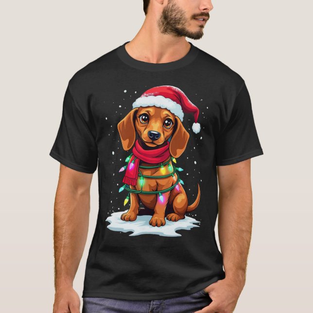 Dachshund Christmas Tree Cute Santa Hat Lights Xma T-Shirt (Front)